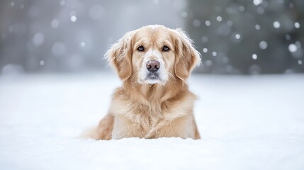 Aufkleber - Fluffy Golden Retriever Sitting in Snowy Landscape in Winter Weather : Generative AI