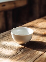 Aufkleber - Simple White Ceramic Bowl on Rustic Wooden Table with Natural Light : Generative AI