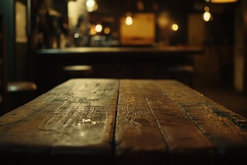 Wall Mural - Rustic wooden table in dimly lit bar.