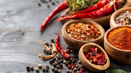 Poster - Assorted Spices and Herbs in Wooden Bowls Displayed on a Rustic Table : Generative AI