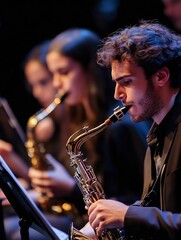 Aufkleber - Energetic saxophonist performing live during a music concert with other musicians in a vibrant atmosphere : Generative AI