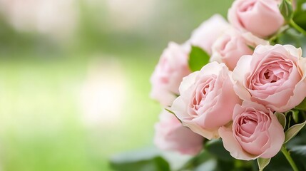 Poster - Delicate pink roses arranged beautifully against a soft green background enhancing the beauty and freshness of nature : Generative AI