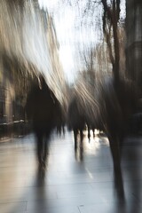 Poster - Impressionist view of blurred pedestrians walking through a lively street capturing urban life : Generative AI