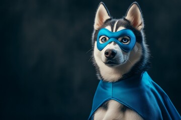 Canvas Print - Super husky dog in blue cape and mask against dark background.