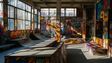 Poster - Sunlit indoor skatepark with colorful graffiti art on walls and ramps.