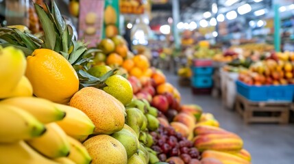 Poster - Vibrant Fresh Fruits in a Bustling Market Setting Full of Color and Variety : Generative AI
