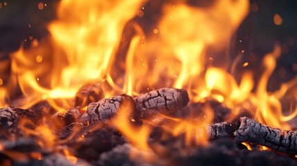 Aufkleber - Close Up View of Bright Flames and Charred Wood Bringing Warmth and Energy to Any Setting : Generative AI