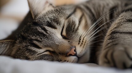 Poster - Adorable sleeping tabby cat curled up peacefully on a cozy bed : Generative AI
