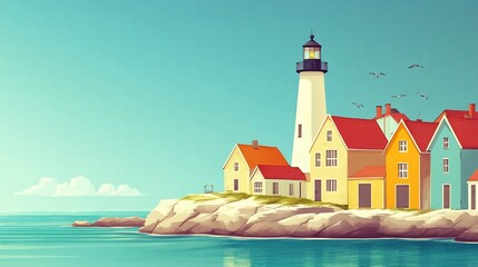 Sticker - Colorful coastal village with lighthouse on sunny day.