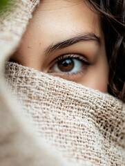Poster - Close-up portrait of a young woman partially covered by a textured fabric : Generative AI