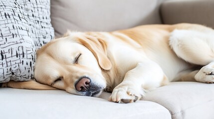 Poster - Adorable golden retriever sleeping peacefully on a couch creating a cozy and heartwarming home atmosphere : Generative AI