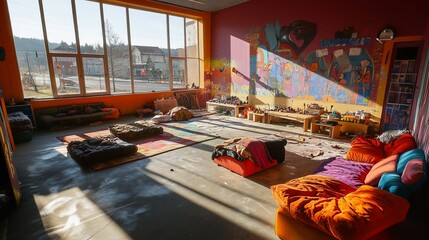 Poster - Sunlit room with colorful floor cushions, artwork, and large window.