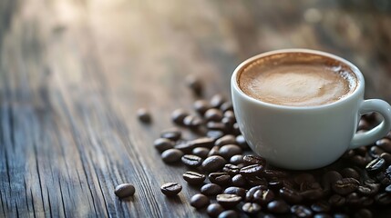 Aufkleber - Delicious Espresso Coffee Cup Surrounded by Fresh Coffee Beans on Rustic Table : Generative AI