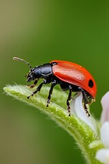 Poster - Close Up of a Vibrant Red Ladybug perched on Green Leaf in Nature Environment : Generative AI