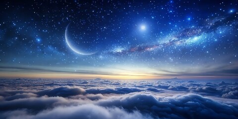 Wall Mural - Stunning Night Sky with Stars, Moon, and Clouds Over Horizon