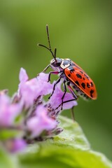 Poster - Colorful Close Up of a Red and Black Insect on a Purple Flower in Nature : Generative AI