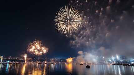 Leinwandbilder - Spectacular Fireworks Display Over a City Skyline Reflected in Calm Waters at Night Celebrating a Festive Occasion : Generative AI