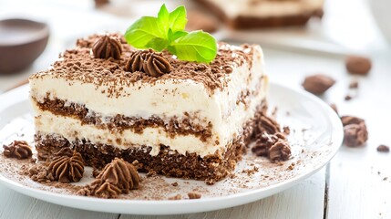 Poster - Delicious Tiramisu Dessert with Cocoa Powder and Mint Leaf on a White Plate in Bright Natural Light : Generative AI