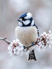 Poster - Beautiful Blue Jay Bird Perched on Blossom Branch Against a Soft Background : Generative AI
