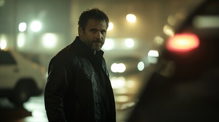 Poster - Intense Portrait of a Man in a Leather Jacket Captured at Night Amidst Urban Street Lights and Rain : Generative AI