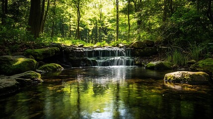 Aufkleber - Tranquil Forest Scene with Sparkling River and Lush Green Flora in Soft Natural Light : Generative AI