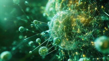 Poster - Abstract green digital network with glowing particles and connections