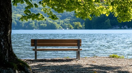 Poster - Serene lakeside bench under leafy tree providing perfect view of tranquil water : Generative AI