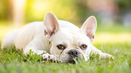 Aufkleber - Playful French Bulldog resting on green grass under warm sunlight : Generative AI