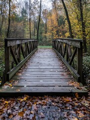 Poster - Wooden bridge in serene autumn forest surrounded by vibrant fall foliage : Generative AI