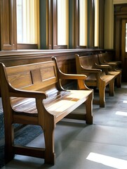 Fototapete - Elegant wooden benches in a bright hallway with sunlight streaming through the windows : Generative AI