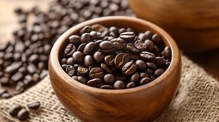 Poster - Freshly Roasted Coffee Beans in a Wooden Bowl on Natural Surface : Generative AI
