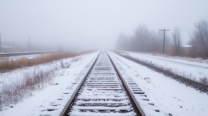 Aufkleber - Snowy railway track disappearing into foggy winter landscape creating a serene and lonely atmosphere : Generative AI