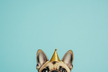 Canvas Print - Close-up of a fawn French Bulldog wearing a gold party hat against a light blue background.