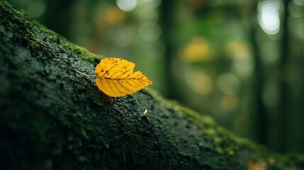 Aufkleber - Vivid Autumn Leaf on a Mossy Tree in a Serene Forest Background : Generative AI