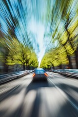 Poster - Dynamic Motion Blur of a Car Driving Through Tree-Lined Streets on a Bright Sunny Day : Generative AI