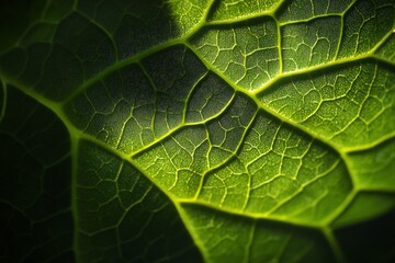 Poster - Close-up of a vibrant green leaf's intricate vein structure, illuminated by sunlight.