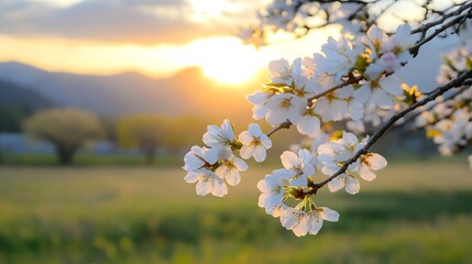 Poster - Beautiful cherry blossom flowers blooming in front of a stunning sunset sky : Generative AI
