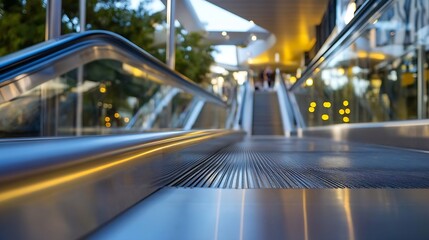 Poster - Modern Urban Escalator Leading Upward in a Busy Shopping Center with Bright Ambient Light : Generative AI