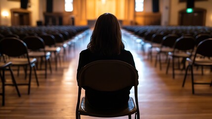 Aufkleber - Silhouette of a Woman Sitting Alone in an Empty Hall During an Event : Generative AI