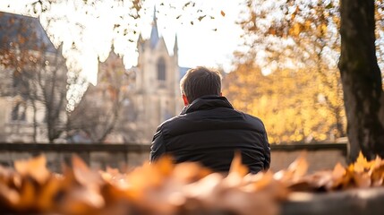 Wall Mural - Contemplative Man Observing Autumn Leaves in the Park for Relaxation and Nature Themes : Generative AI