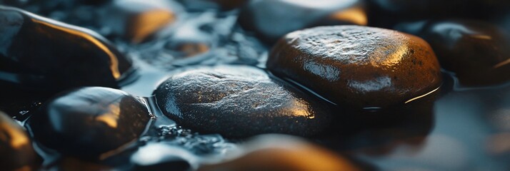 Wall Mural - Close-up of wet, dark stones in shallow water, reflecting sunlight.