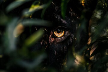 Poster - Close-up of a black panther's eye peering through lush green foliage. (1)