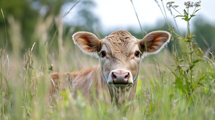 Poster - Adorable brown calf in a lush green field surrounded by tall grass and bright flowers : Generative AI
