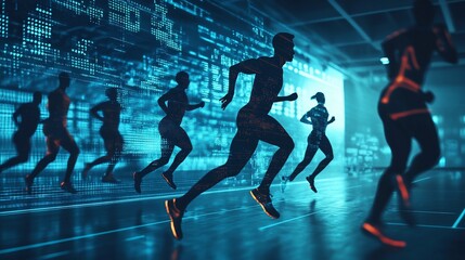 Wall Mural - Silhouetted runners in a digital environment, showcasing fitness, technology, and competition.