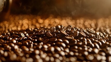 Poster - Richly roasted coffee beans on display emanating a warm aroma with steam creating a cozy atmosphere : Generative AI