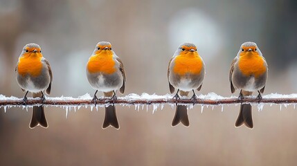 Sticker - Four robins perched on a snow-covered branch in winter.