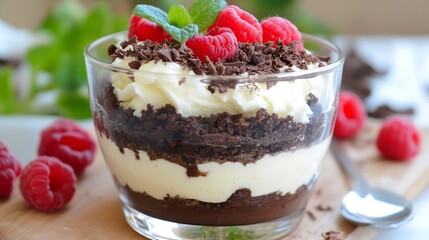 Poster - Delicious Layers of Chocolate Raspberry Dessert in a Clear Glass Bowl Garnished with Fresh Mint : Generative AI