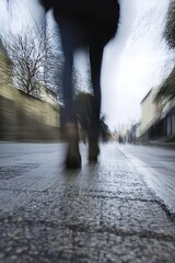 Poster - Blurred Motion of a Person Walking on a Wet Street Creating an Atmospheric Urban Scene : Generative AI