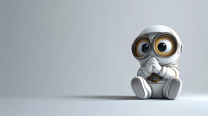 Cute, small, white robot sitting, hands clasped, thoughtful expression, against a light grey background.