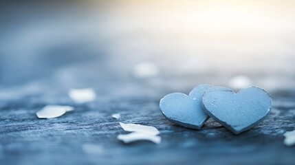 Poster - Two Charming Gray Heart Decorations on Rustic Wood Background for Romantic Concepts : Generative AI